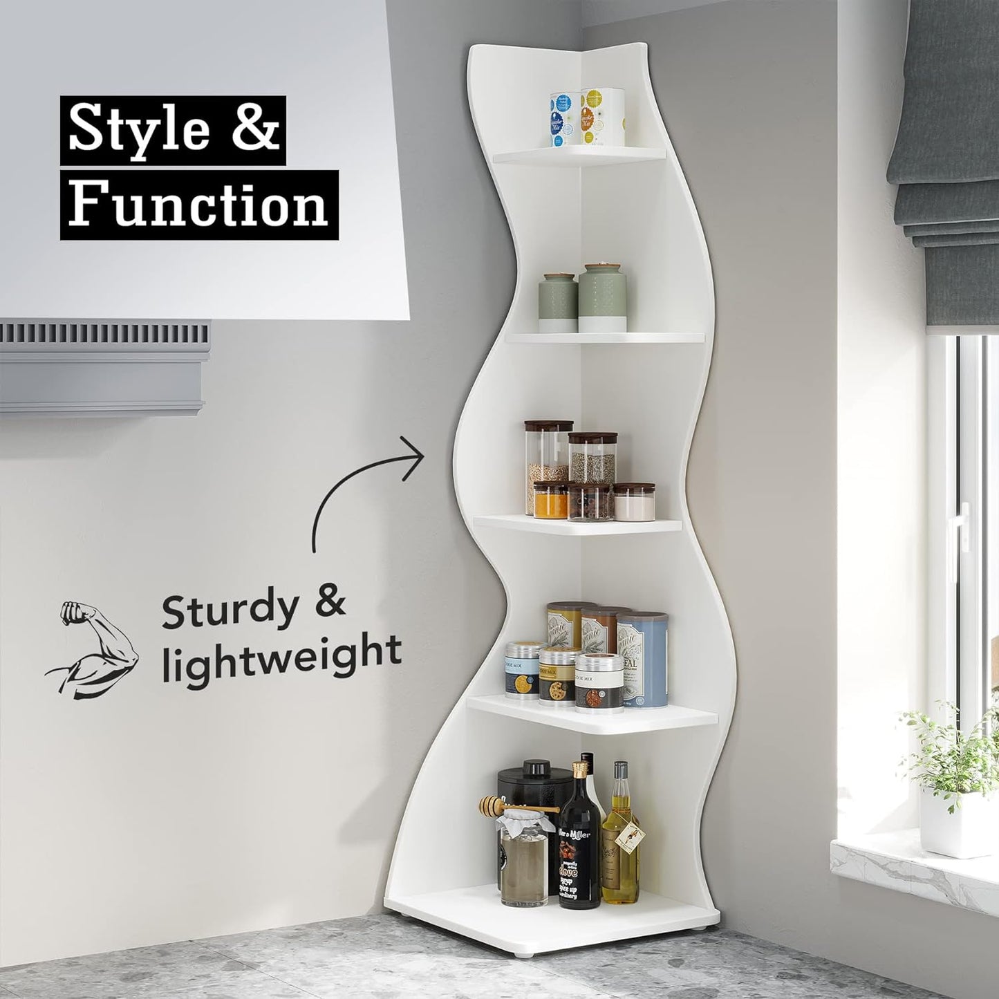 Corner Shelf, Modern 5-Tier Wall Corner Bookshelf, Stylish Corner Small Bookcase Storage Rack Plant Stand with Unique Shape for Living Room, Home Office (White, 1PC)