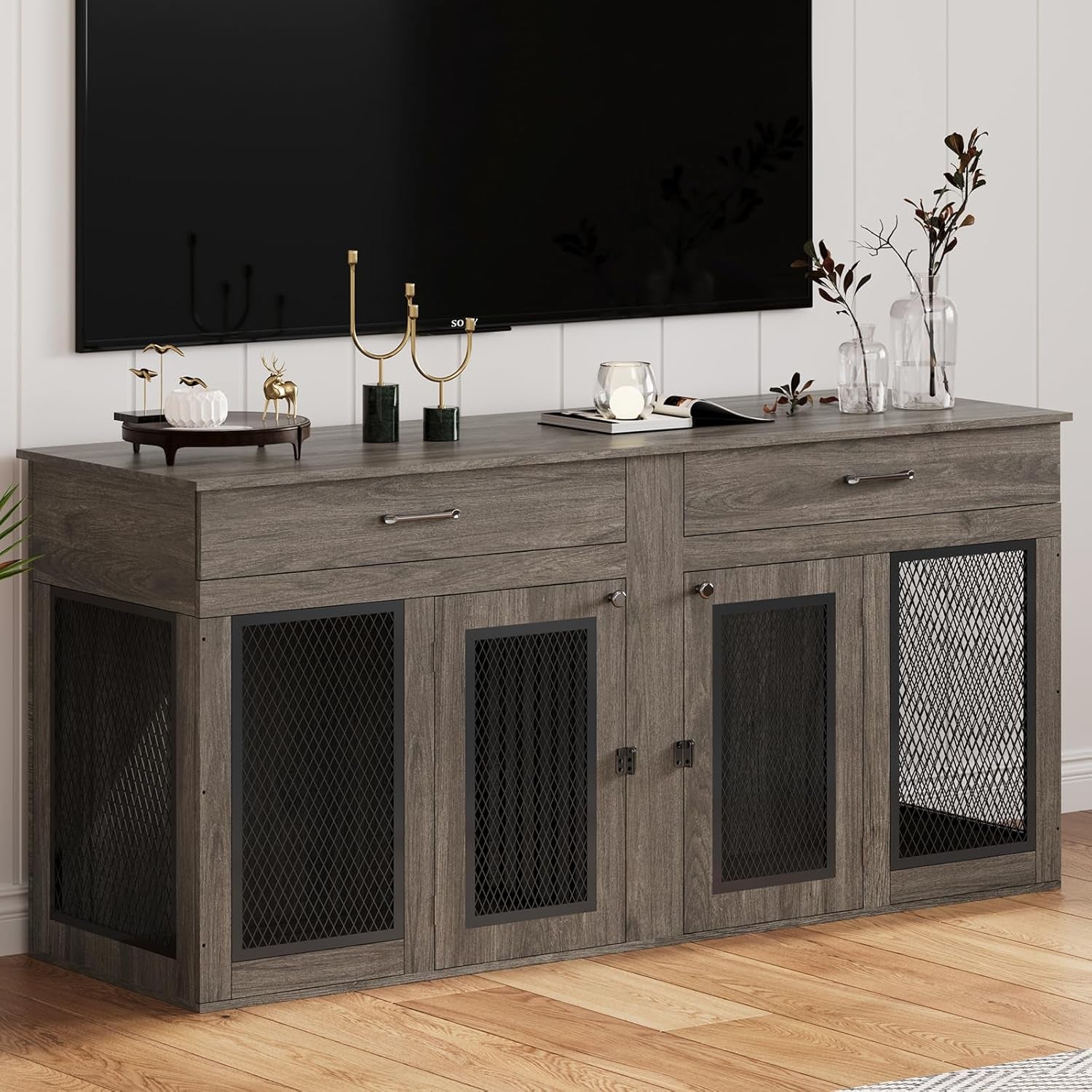 70.9 Inch Double Dog Crate Furniture with Drawers, Wooden Large Dog Kennel TV Stand with Divider and Double Doors, 70.9"* 23.6"* 33.5"H, (Wash Grey)