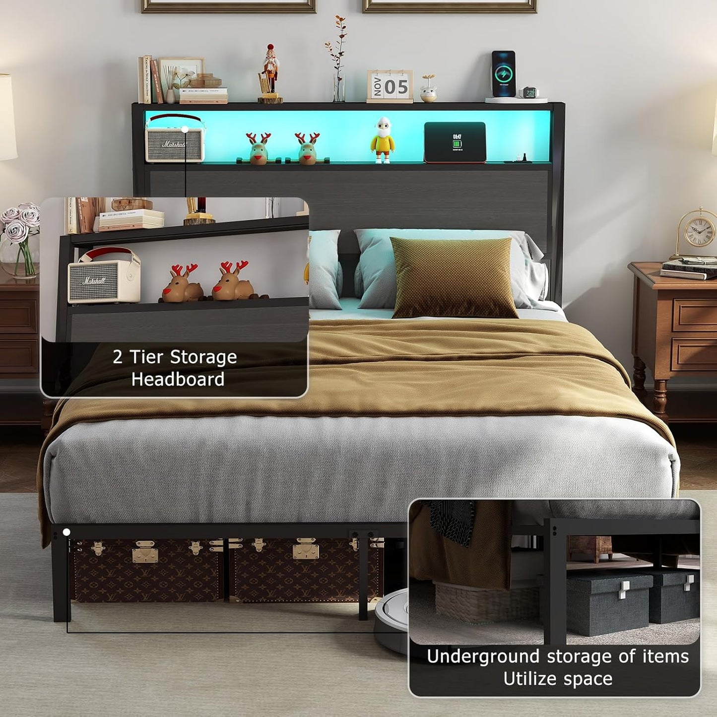 Queen Size Bed Frame with Headboard, Metal Platform Bed Frame with LED Lights & Charging Station, under Bed Storage, Solid and Stable, No Box Spring Needed, Noise Free, Easy Assembly, Dark Grey