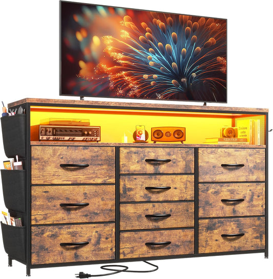 Dresser for Bedroom with 10 Drawers for 55" TV Stands for Living Room with LED Lights & Power Outlets Dressers with Shelves & Side Pockets Rustic Brown