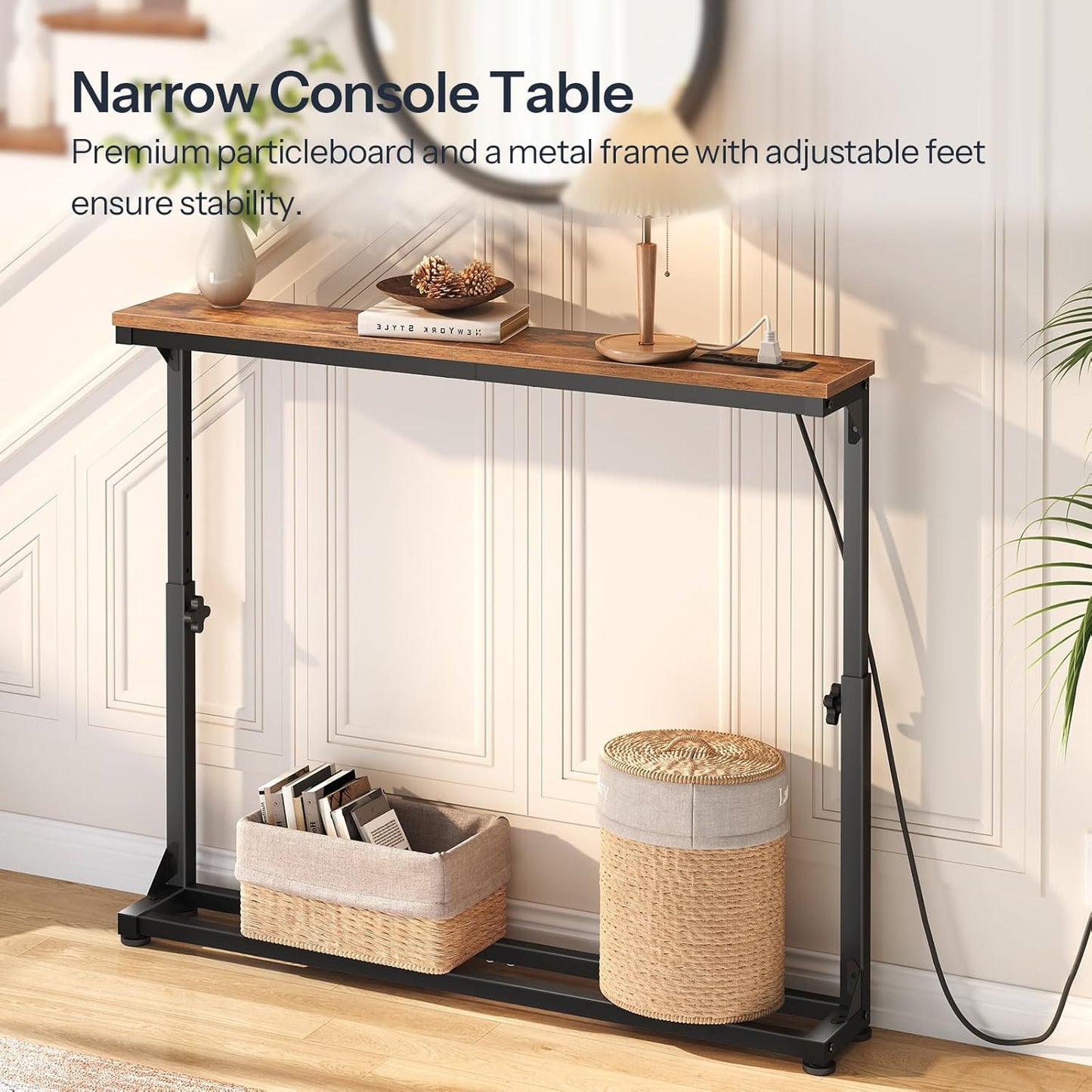 Narrow Console Table with Adjustable Height (25''-32.9''), behind Couch Table with Charging Station, 39.4"W X 5.9"D Skinny Sofa Entryway Table, for Living Room, Hallway, Rustic Brown BF95UXG01