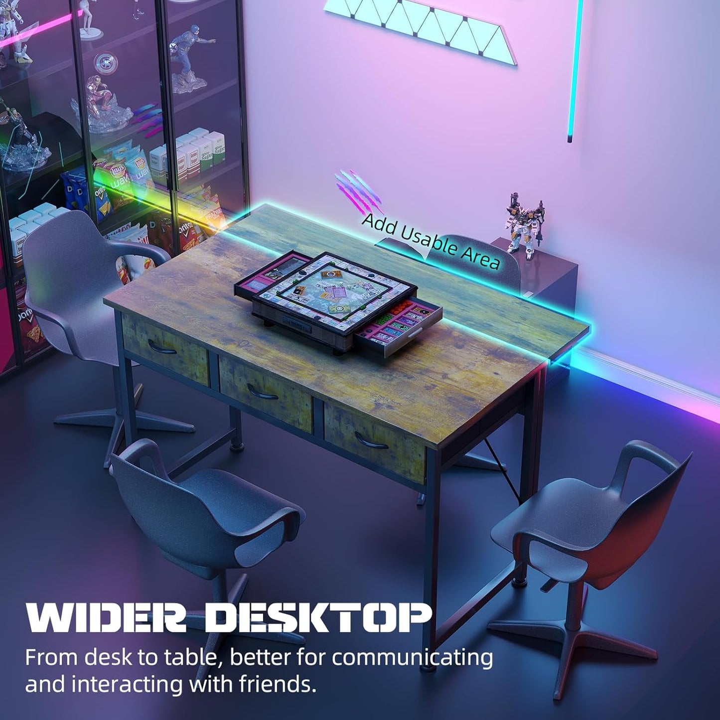 Computer Desk with Drawers, 40 Inch Computer Desk with Power Outlet & LED Light, Gaming Desk with Adjustable Monitor Stand & Pegboard, Modern PC Study Writing Table for Bedroom, Rustic Brown