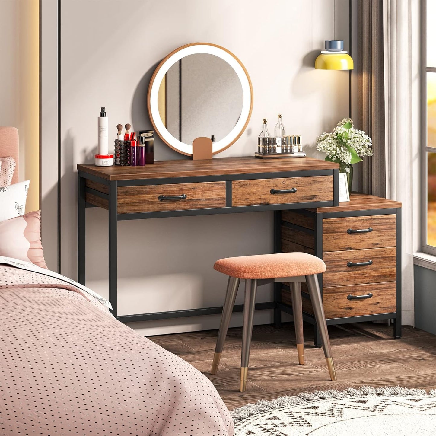 Computer Desk with 5 Drawers, Home Office Desks with Reversible Drawer Cabinet Printer Stand, Industrial PC Desk with Storage, White Study Writing Table Workstation for Small Spaces