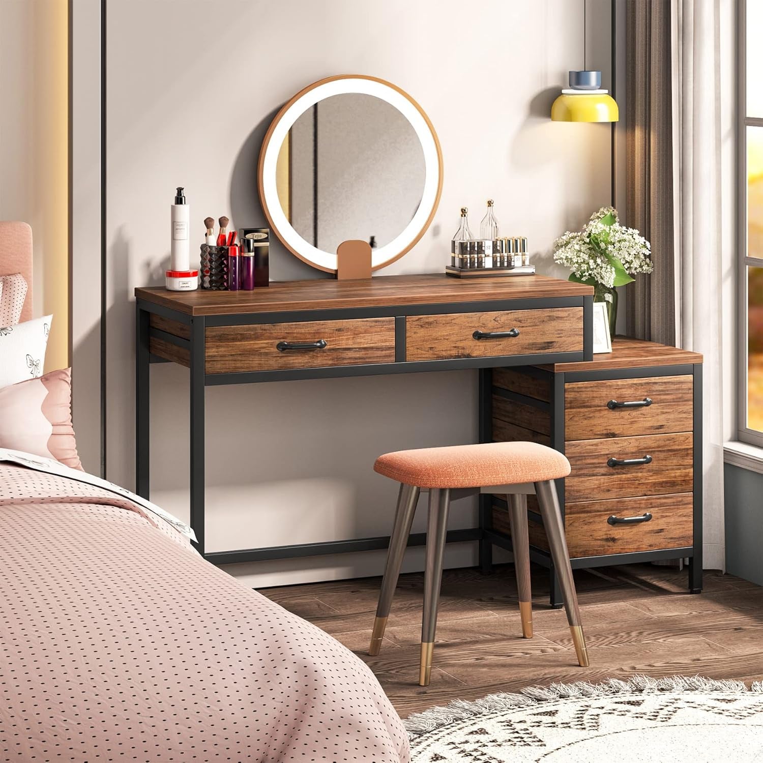Computer Desk with 5 Drawers, Home Office Desks with Reversible Drawer Cabinet Printer Stand, Industrial PC Desk with Storage, White Study Writing Table Workstation for Small Spaces
