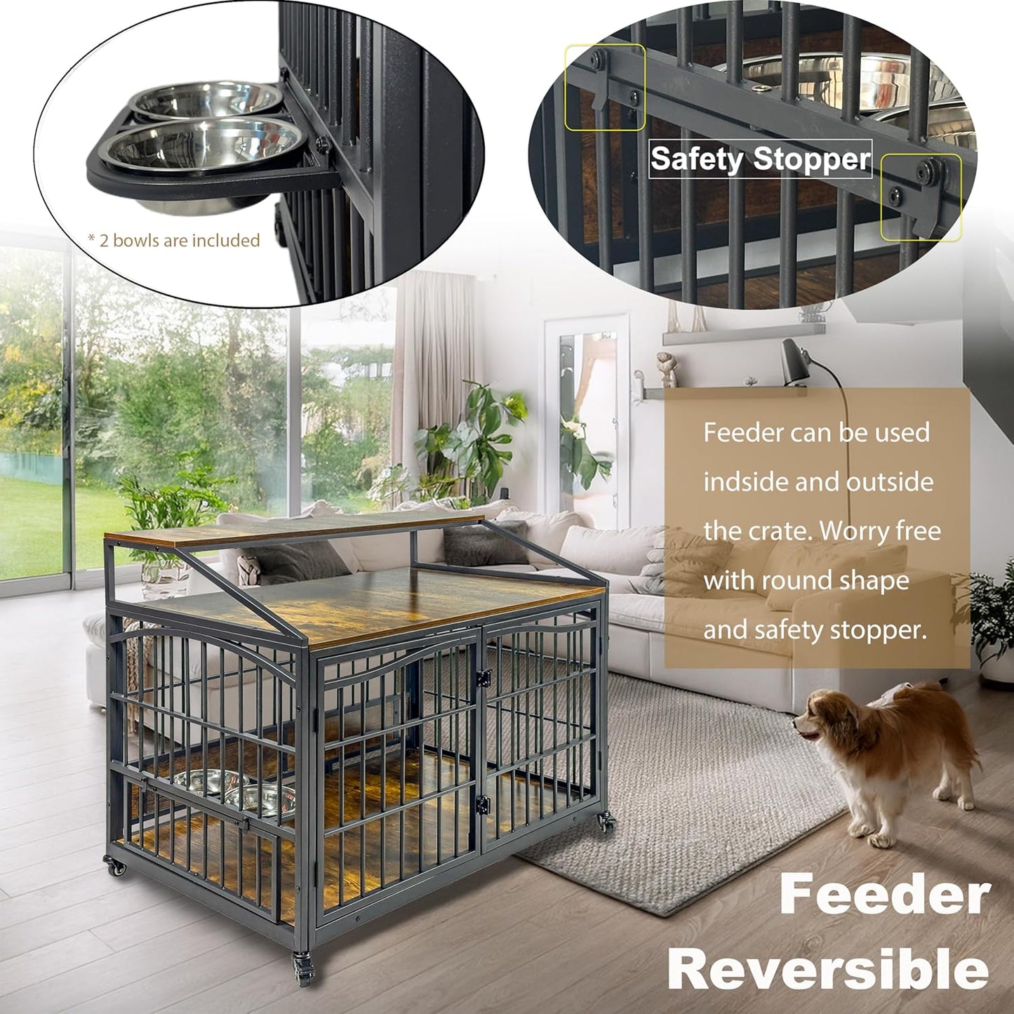 48 Inch Dog Crate Furniture, XXL Kennel Cage Rustic Wooden Pet House End Table Dog Home for Large Dogs with 2 Stainless Steel Bowls Indoor Use 48" L X 30" W X 40" H