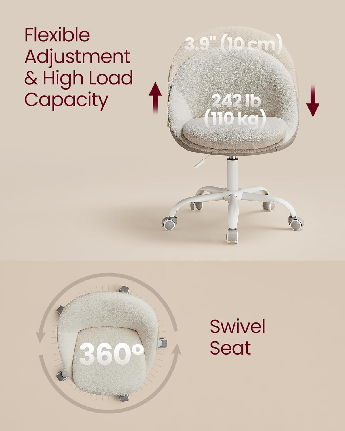 Vanity Chair with Back, Adjustable Swivel Cute Desk Chair with Wheels, Sherpa and PU Leather for Lumbar Support, Compact for Small Spaces, Bedroom, Cappuccino Beige and Cloud White UOBG020W91