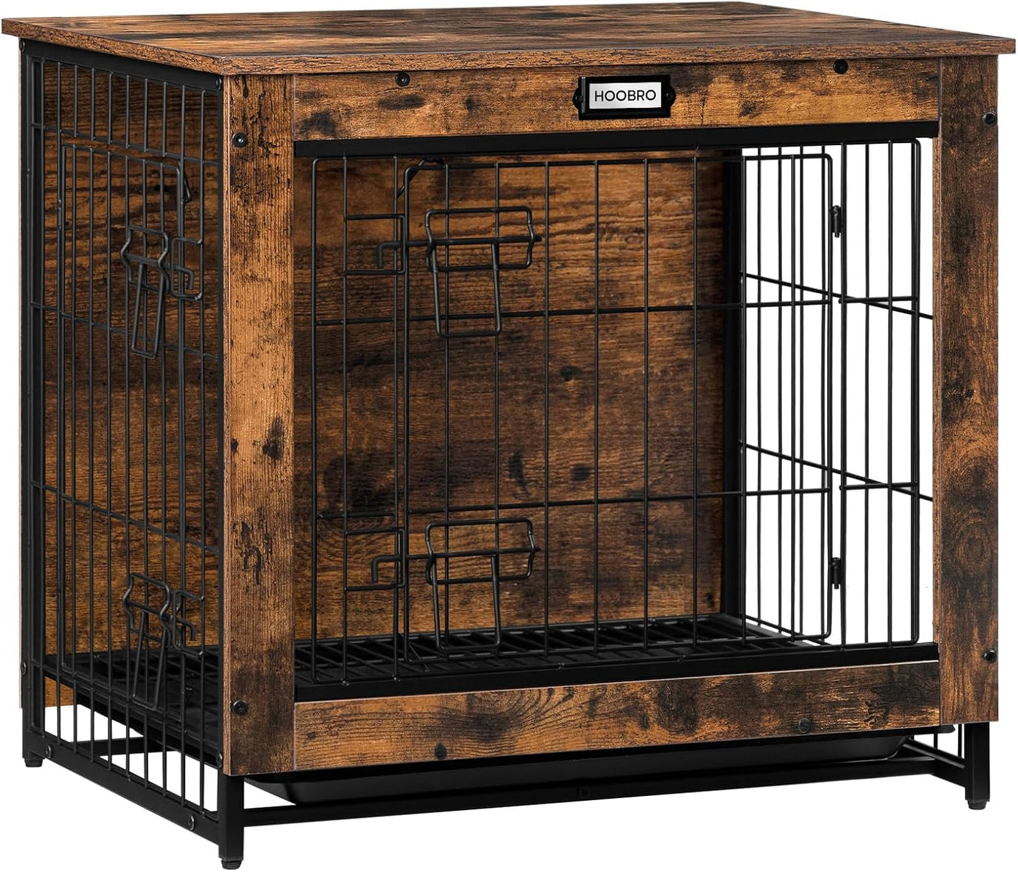 Dog Crate Furniture, 25.5" Small Dog Kennel Indoor, Wooden Cage with Pull-Out Tray, Double Doors Pet House Side End Table for Small/Medium Dogs, Rustic Brown BF642GW03G1