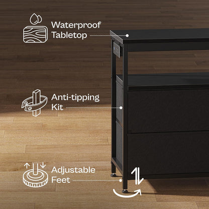 LED TV Stand for Bedroom, 47 Inch Dresser TV Stand for 43, 50, 55 Inch TV, Black TV Stand with Storage, Entertainment Center with Power Outlets, 6 Drawer Fabric Dresser for Living Room
