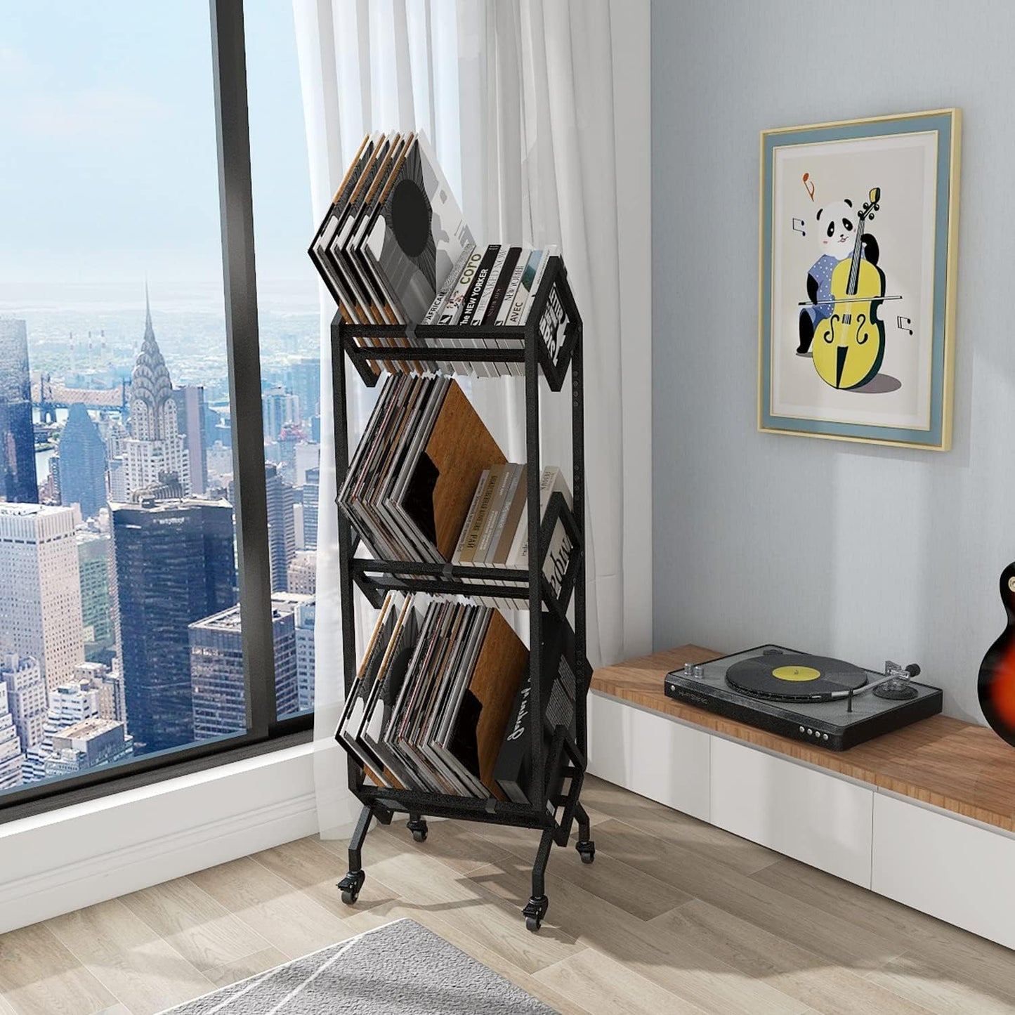 3 Tier Vinyl Record Storage Rack, Mobile Black Metal LP Storage Display Stand with Casters, Large Capacity Record Holder for Albums, Books, Magazines, and Office Files