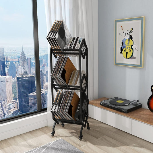 3 Tier Vinyl Record Storage Rack, Mobile Black Metal LP Storage Display Stand with Casters, Large Capacity Record Holder for Albums, Books, Magazines, and Office Files