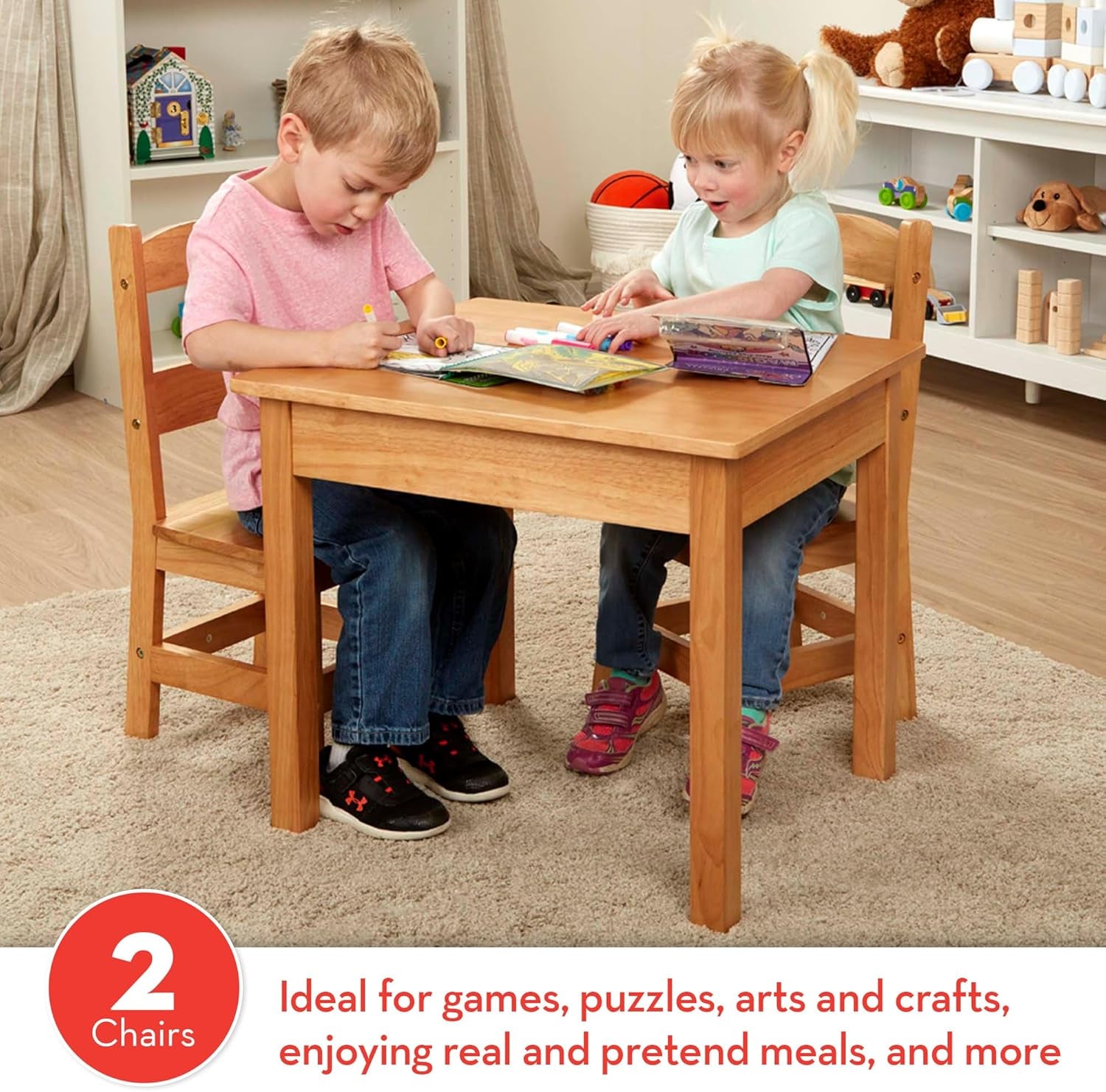 Solid Wood Kids Table and Chairs (2), Premium Quality Wooden Toddler Table and Chair Set for Kids Playroom Furniture & Montessori Classroom Furniture for Boys & Girls Ages 3+