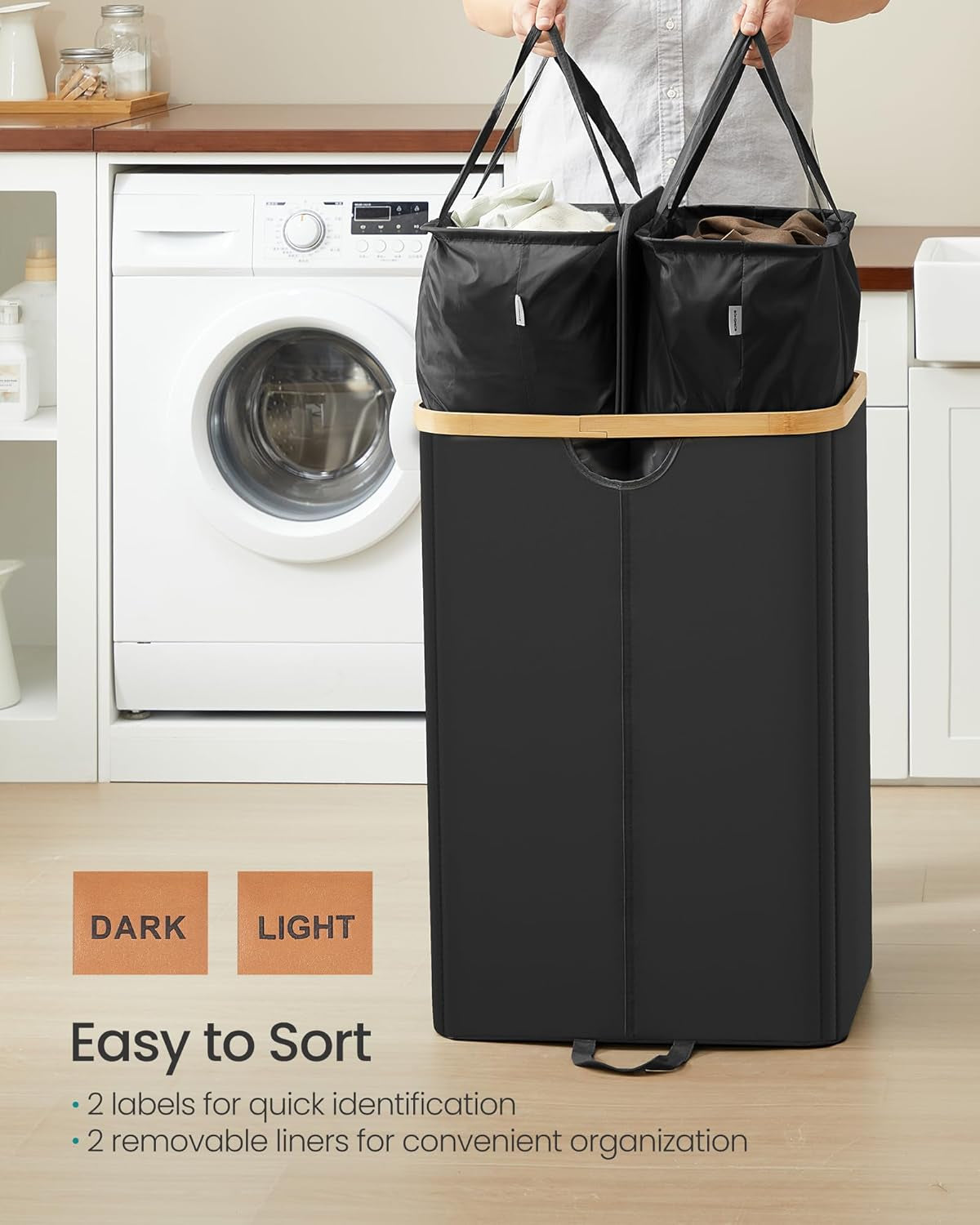 Laundry Hamper with Lids, Laundry Basket with 2 Compartments, 39 Gal. (150 L), Removable Liner Bag, for Laundry Room, Bedroom, Living Room, Ink Black and Light Bamboo ULCB523B01