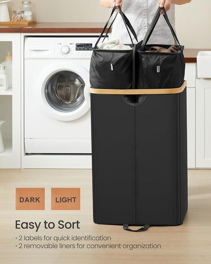 Laundry Hamper with Lids, Laundry Basket with 2 Compartments, 39 Gal. (150 L), Removable Liner Bag, for Laundry Room, Bedroom, Living Room, Ink Black and Light Bamboo ULCB523B01