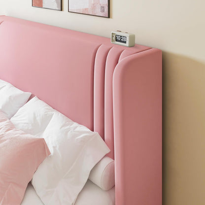 Full Size Velvet Platform Bed Frame with Vertical Tufted Wingback Headboard, Easy Assembly, under Bed Storage, No Box Spring Required, Modern Style, Pink