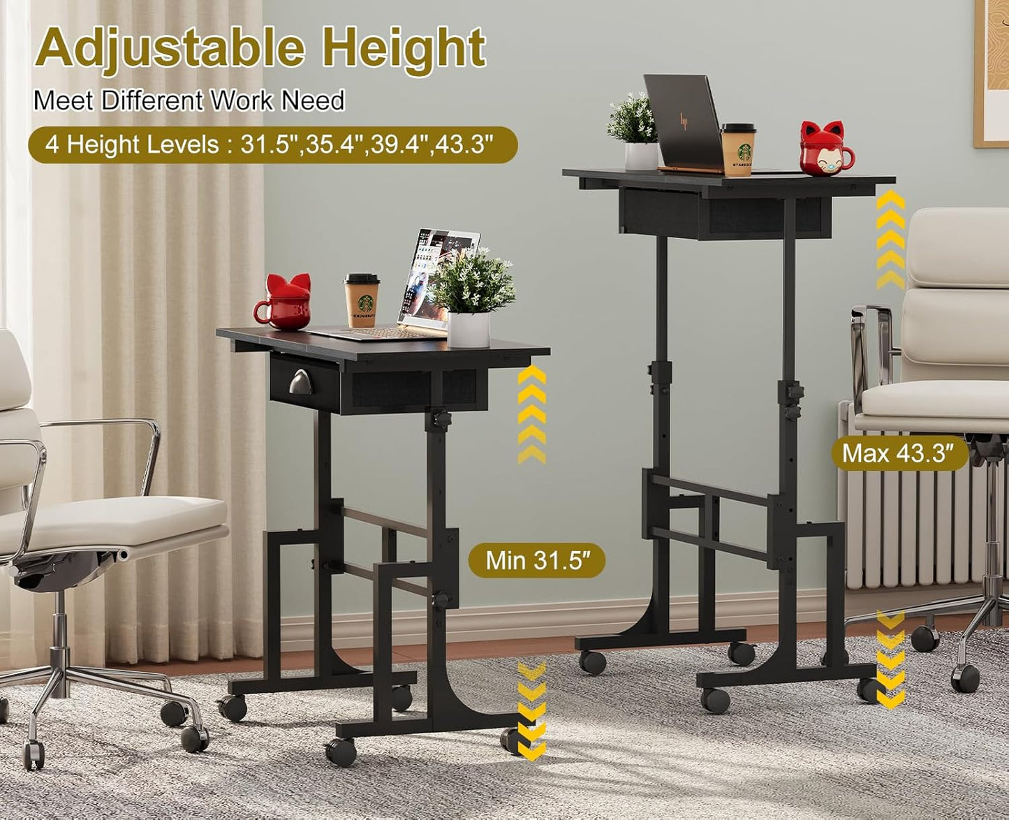 Adjustable Height Standing Desk with Drawer, Rolling Sit Stand up Desk with Wheels, Small Sit to Stand Computer Desk, Adjustable Desktop Height, on Wheels, Black, for Walking Pad Laptop Treadmill