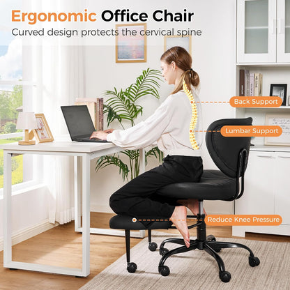Cross Legged Office Chair, Ergonomic Criss Cross Chair with Wheels, 360° Swivel Height-Adjustable Meditation Chair for Yoga & ADHD, Wide Kneeling Chair with Strong Lumbar Support (Black) BPY01B