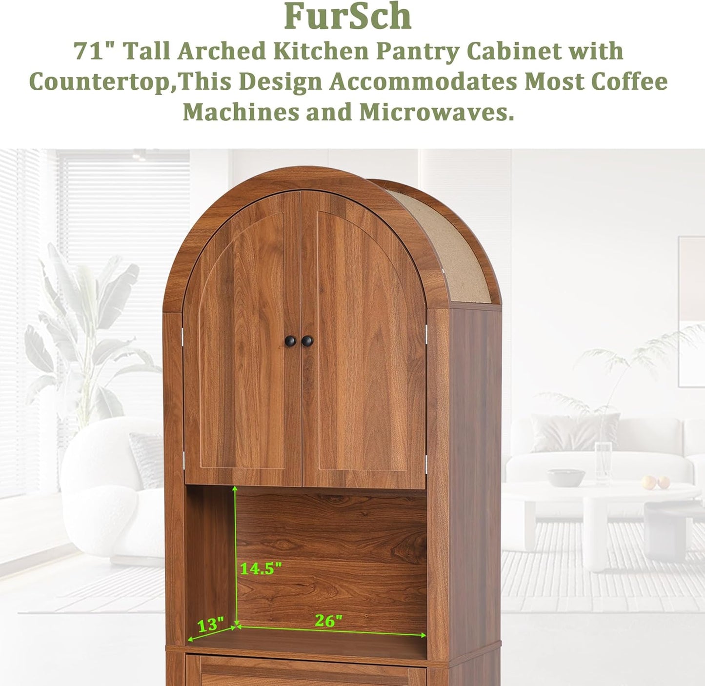 71" Tall Arched Kitchen Pantry Cabinet with Microwave Shelf,Modern Farmhouse Hutch Cabinet with Drawers & Door,Arched Storage Sideboard Cabinets (Walnut, 13.78" D X 27.56" W X 70.87" H)