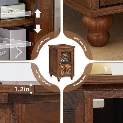 Narrow Side Table with Glass Door, 18 X 14'' Night Stand with Adjustable Shelf Storage Cabinet Organizer, Bedside End Tables Wood Nightstand for Small Spaces Living Room Bedroom