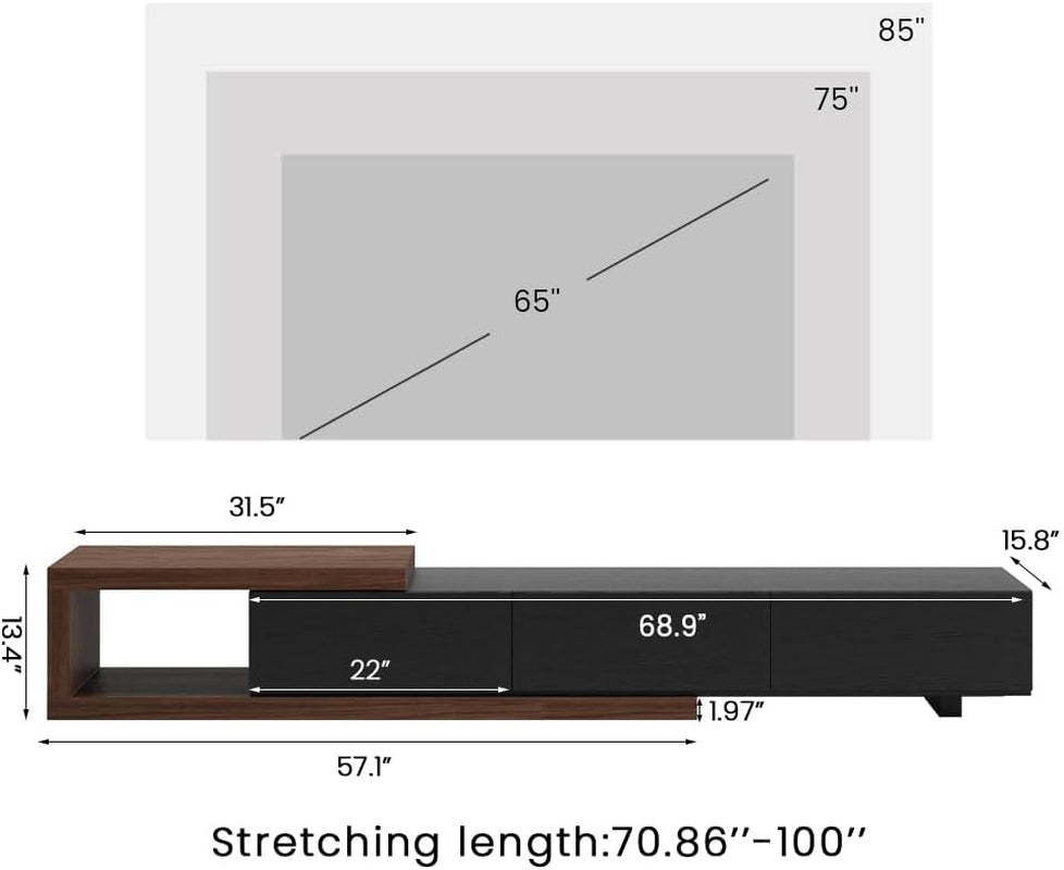 70"-100" Extendable TV Stand with Storage Solid Wood Black TV Media Console Modern Retractable Entertainment Center Low Reversible TV Stand Partial Assembled Walnut & Oak Veneer