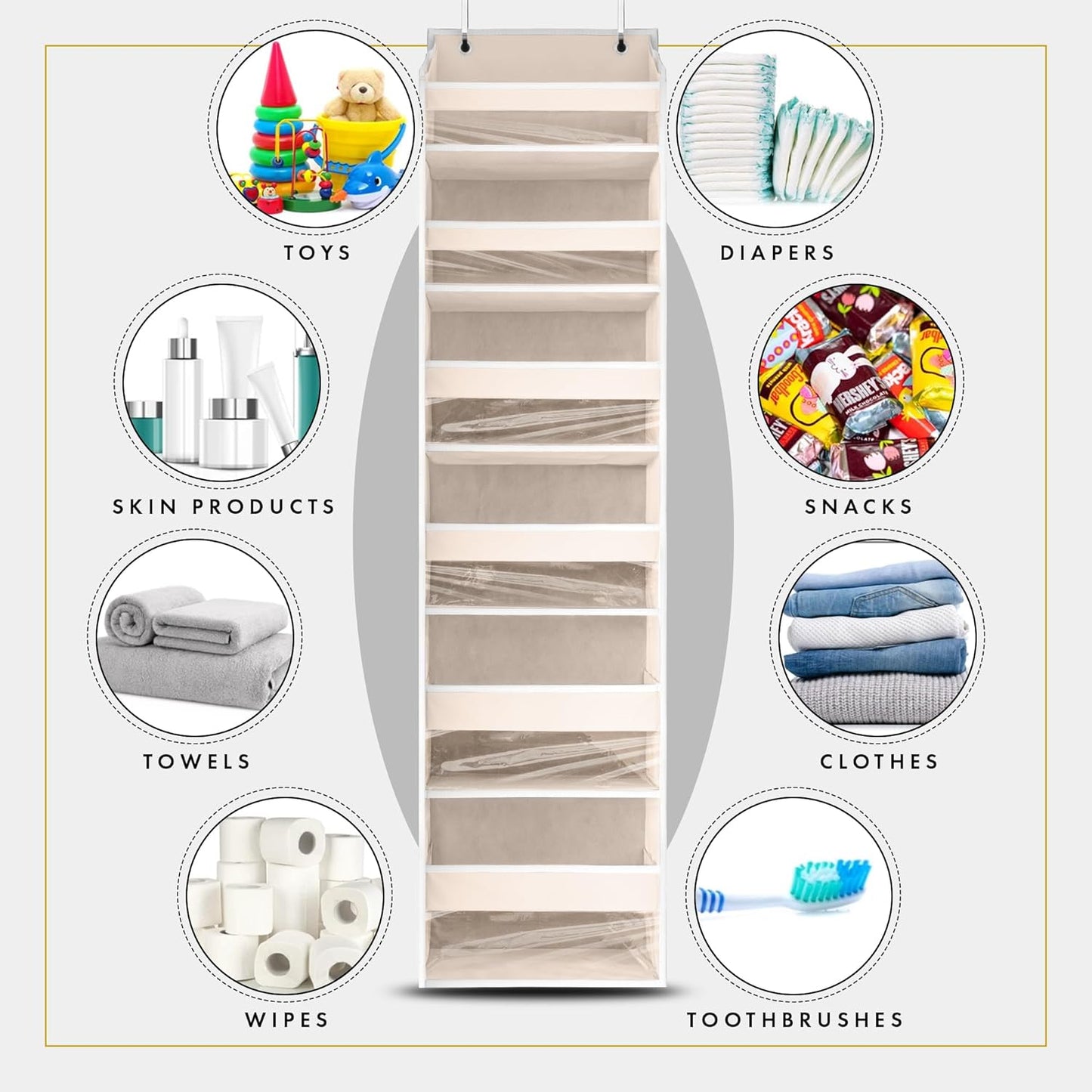 UPGRADED over the Door Organizer Hanging - 100D EXTRA THICK & 50Lbs HUGE CAPACITY 6 Large Front & 12 Side Pockets, over the Door Shoe Organizer, Hanging Closet Organizer (Ivory, 1Pc)