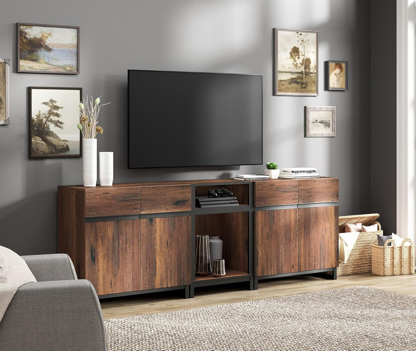 TV Stand for Tvs up to 90 Inch, 3 in 1 Modern Entertainment Center with Metal Base & 2 Adjustable Shelves, TV Console for Living Room,Brown