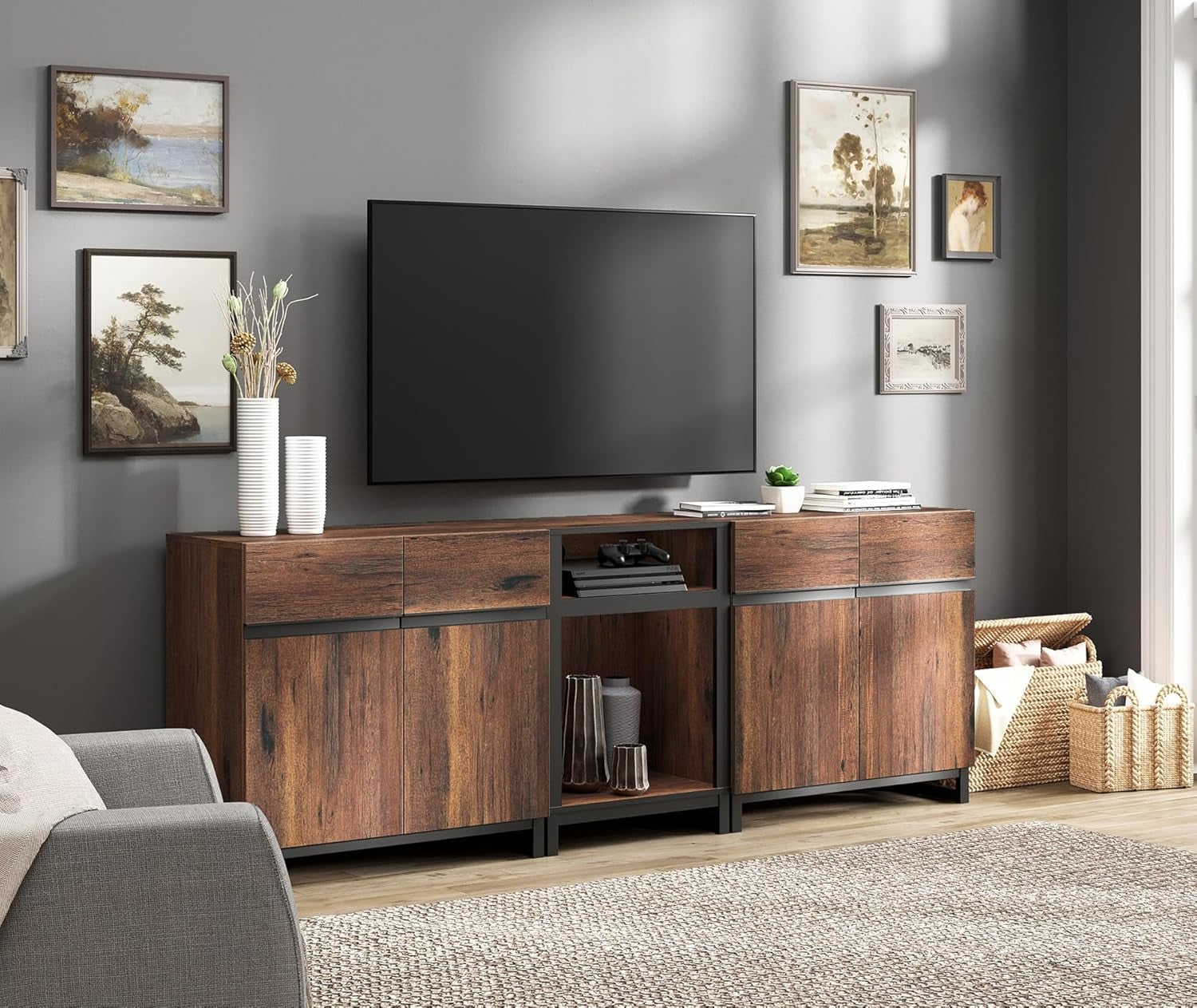 TV Stand for Tvs up to 90 Inch, 3 in 1 Modern Entertainment Center with Metal Base & 2 Adjustable Shelves, TV Console for Living Room,Brown
