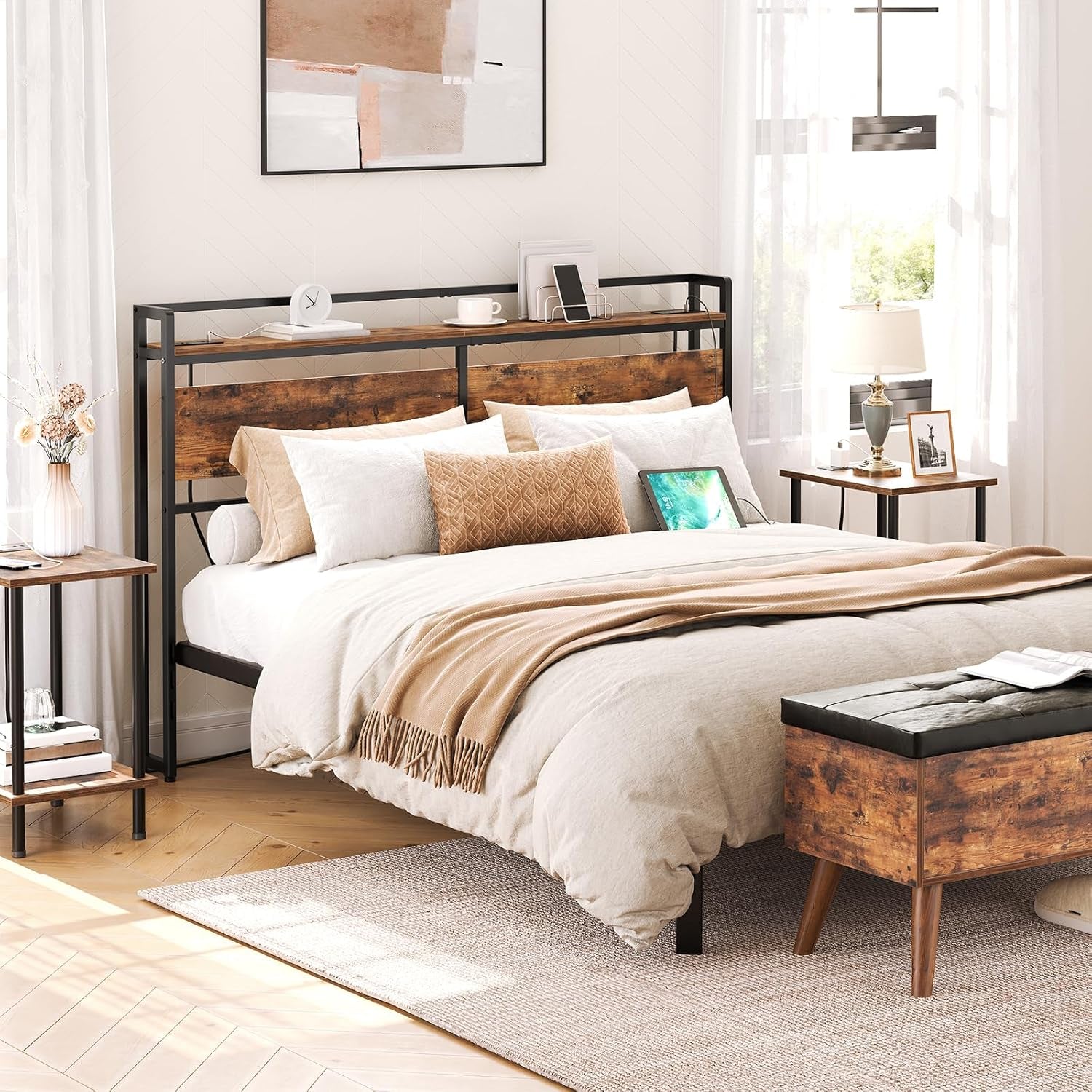 Headboard Queen Size, Headboard with 2 Outlets and 4 USB Ports, Adjustable Height, Storage Rack, Sturdy and Stable, Easy Assembly, Rustic Brown and Black