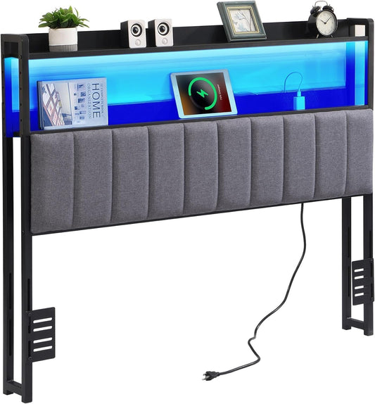 Headboard for Queen Size Bed with Storage and 60,000 DIY Color of LED Light for Different Bed Frames, Head Board with USB & Type C Port, Height Adjustable, Easy Assembly (Queen)