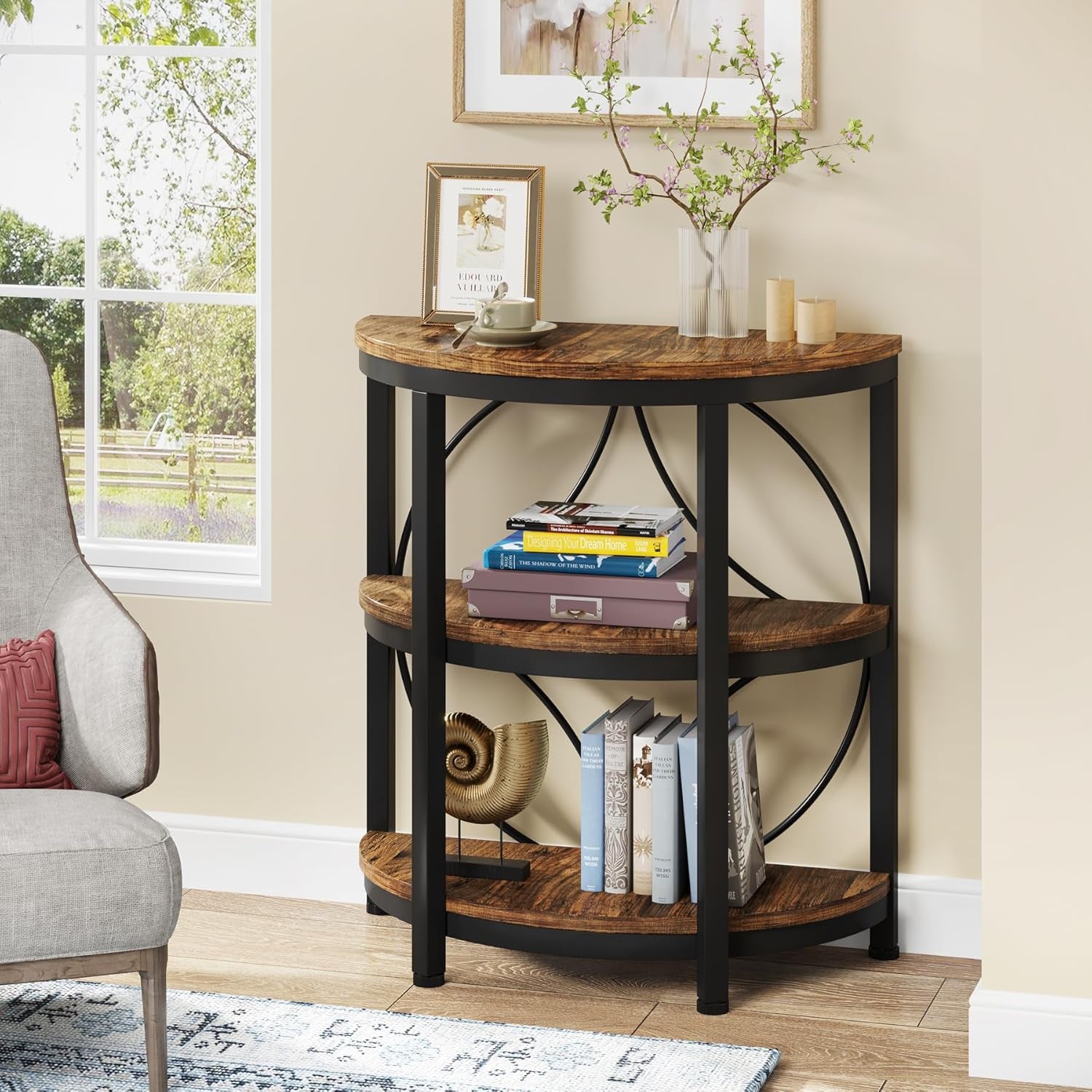 Half round End Table for Living Room, 3-Tier Half Side Table with Metal Frame, Industrial Half Moon Table with Storage Shelves, Half Circle Accent Table for Entryway, Bedroom, Rustic Brown