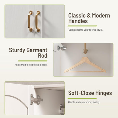 Armoire Wardrobe Closet with 2 Storage Drawers & 2 Door Cabinet, Bedroom Armoires with Full-Length Mirror, White Freestanding Wardrobe Combination with Hanging and Organizing Clothes for Home