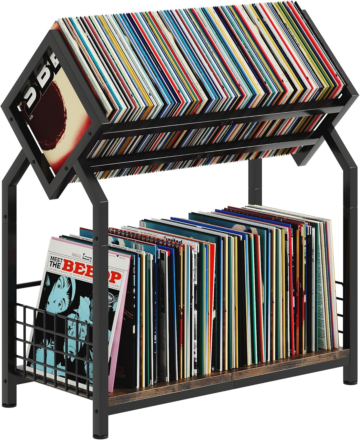 2-Tier Vinyl Record Storage Holder with Dividers, 24.4''W Vinyl Record Display, 300 Lps Vinyl Record Storage Rack, Suitable for Magazines, Books, Documents, Albums
