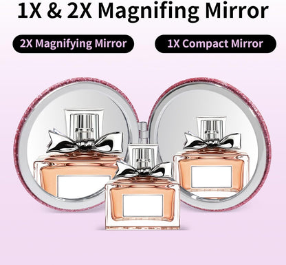 Double-Sided 1X/2X Magnifying Compact Mirror – Portable Metal Makeup Mirror for Purse, Ideal for Travel & On-The-Go Touch-Ups