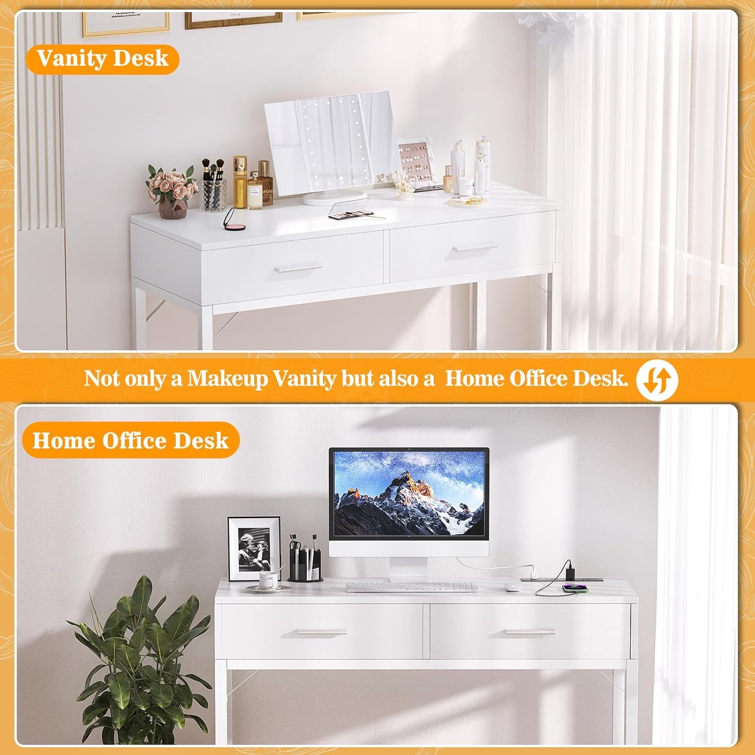 Vanity Desk with Mirror and Lights, 36'' Makeup Vanity Desk with Power Outlet, Small Vanities Set Dressing Table with Drawers for Bedroom, White