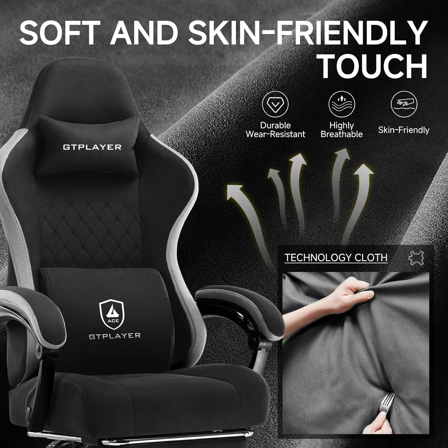Office Chair, Gaming Computer Desk Fabric Chair with Footrest, High Back Ergonomic Office Chair with Pocket Spring Lumbar Support and Linkage Armrests Adjustable Height Swivel for Home Task