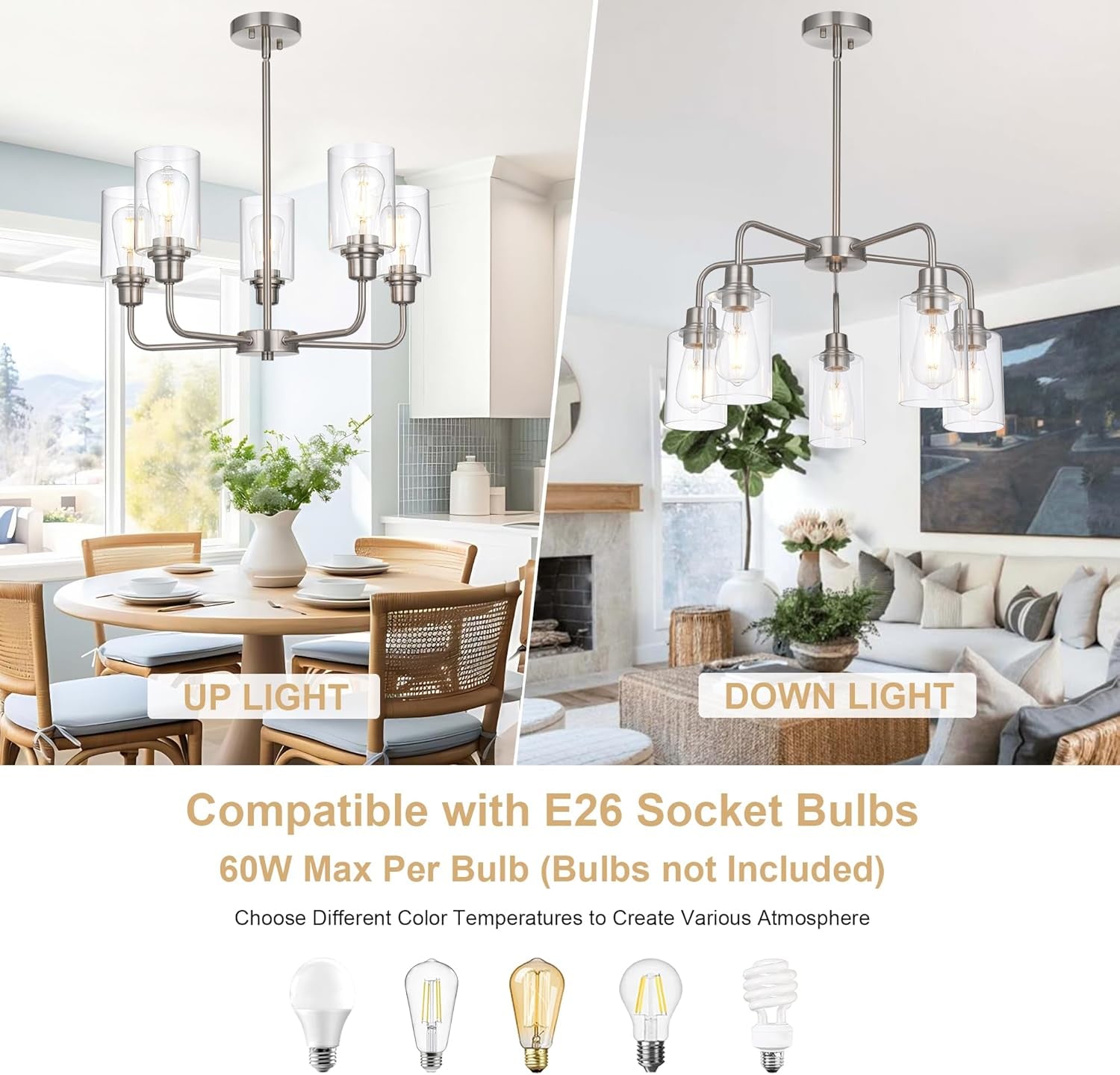 5-Light Brushed Nickel Chandelier with Clear Glass Shades, E26 Base Modern Pendant Light Fixture, Adjustable Swivel Heads Ceiling Lighting, Farmhouse Chandelier for Dining Room Kitchen Hallway