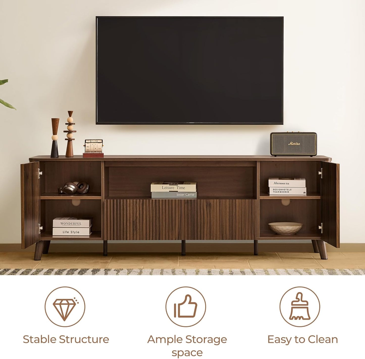 TV Stands for Living Room, Mid Century Modern TV Stand for 80 Inch TV with Storage, Drawers, Adjustable Shelves, Walnut