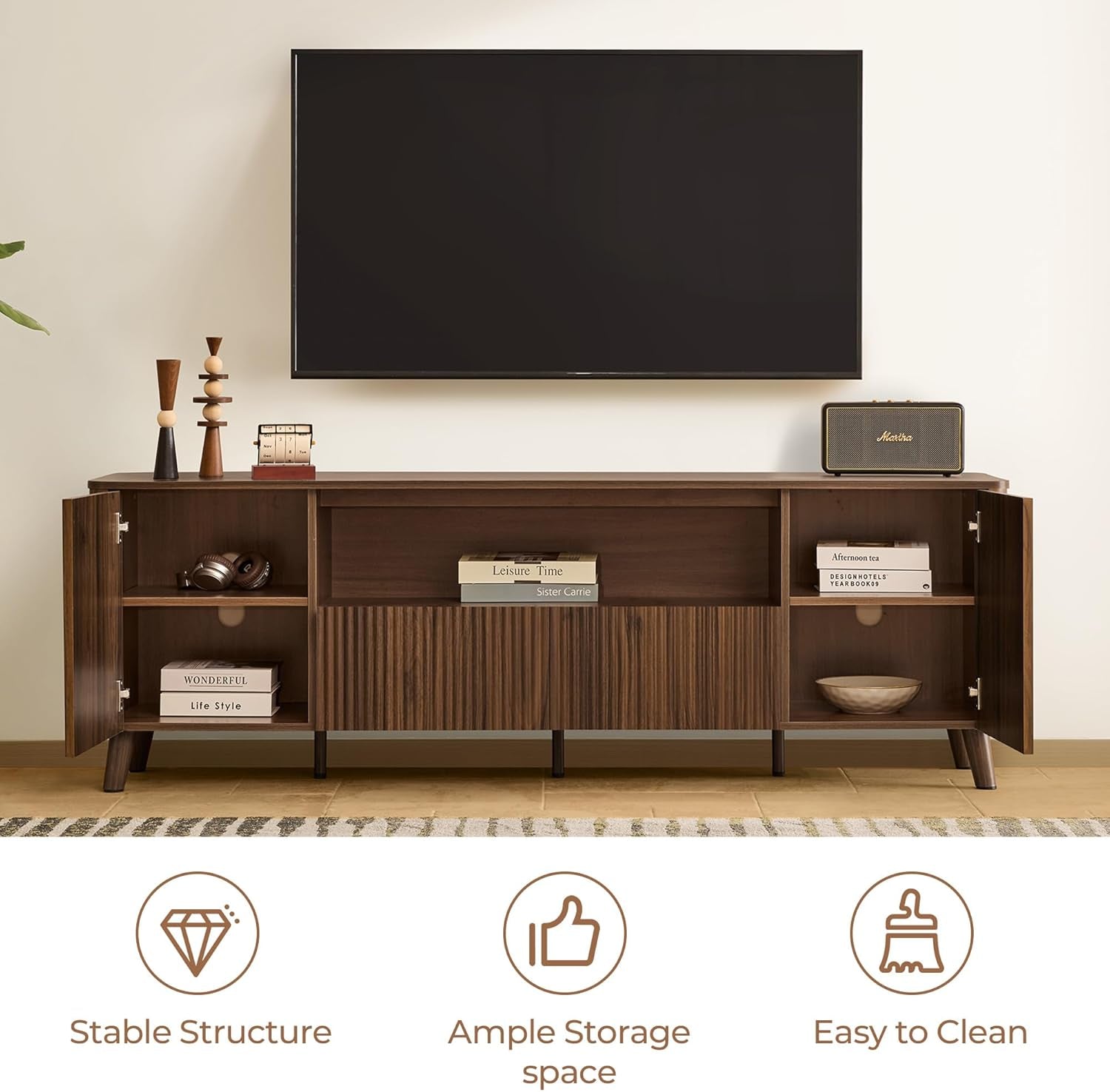 TV Stands for Living Room, Mid Century Modern TV Stand for 80 Inch TV with Storage, Drawers, Adjustable Shelves, Walnut