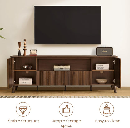 TV Stands for Living Room, Mid Century Modern TV Stand for 80 Inch TV with Storage, Drawers, Adjustable Shelves, Walnut