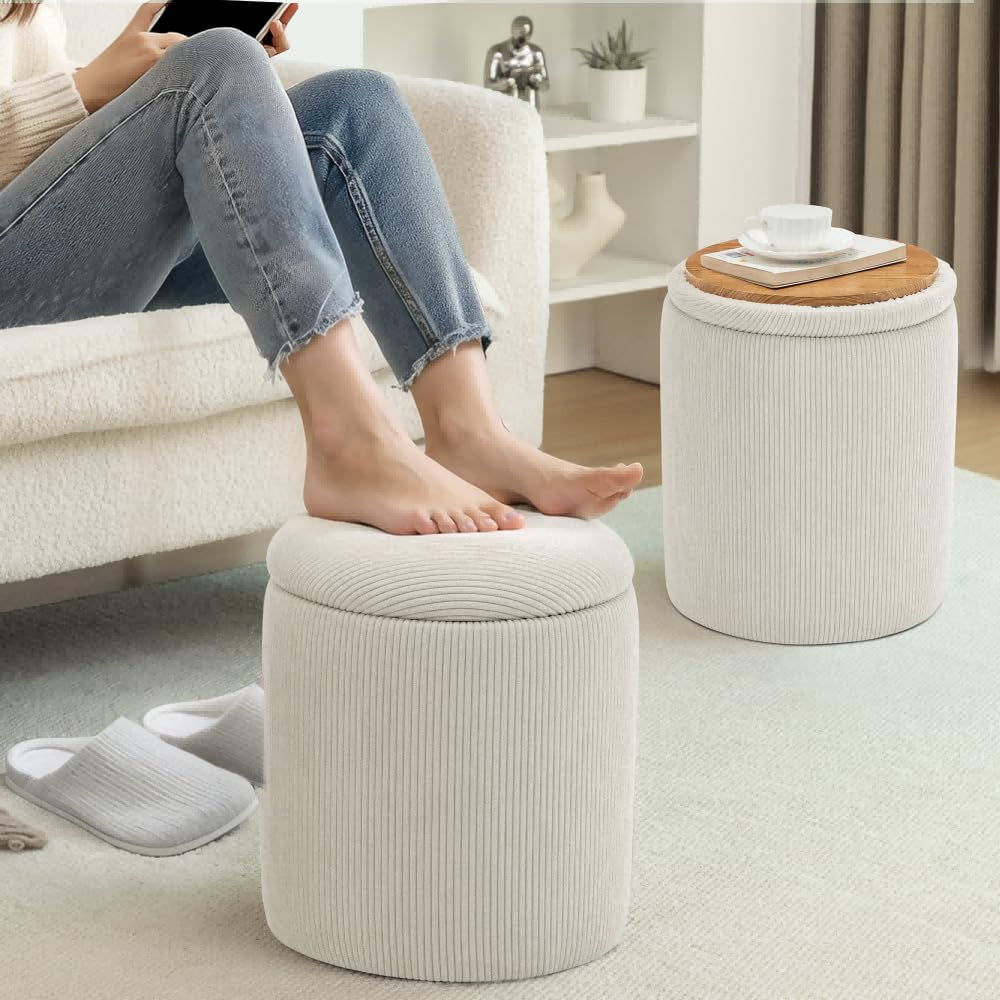 round Ottoman with Storage, Set of 2, Small Vanity Stool as Vanity Chair, Corduroy Ottoman Foot Rest for Small Space, Living Room, Bedroom, Beige