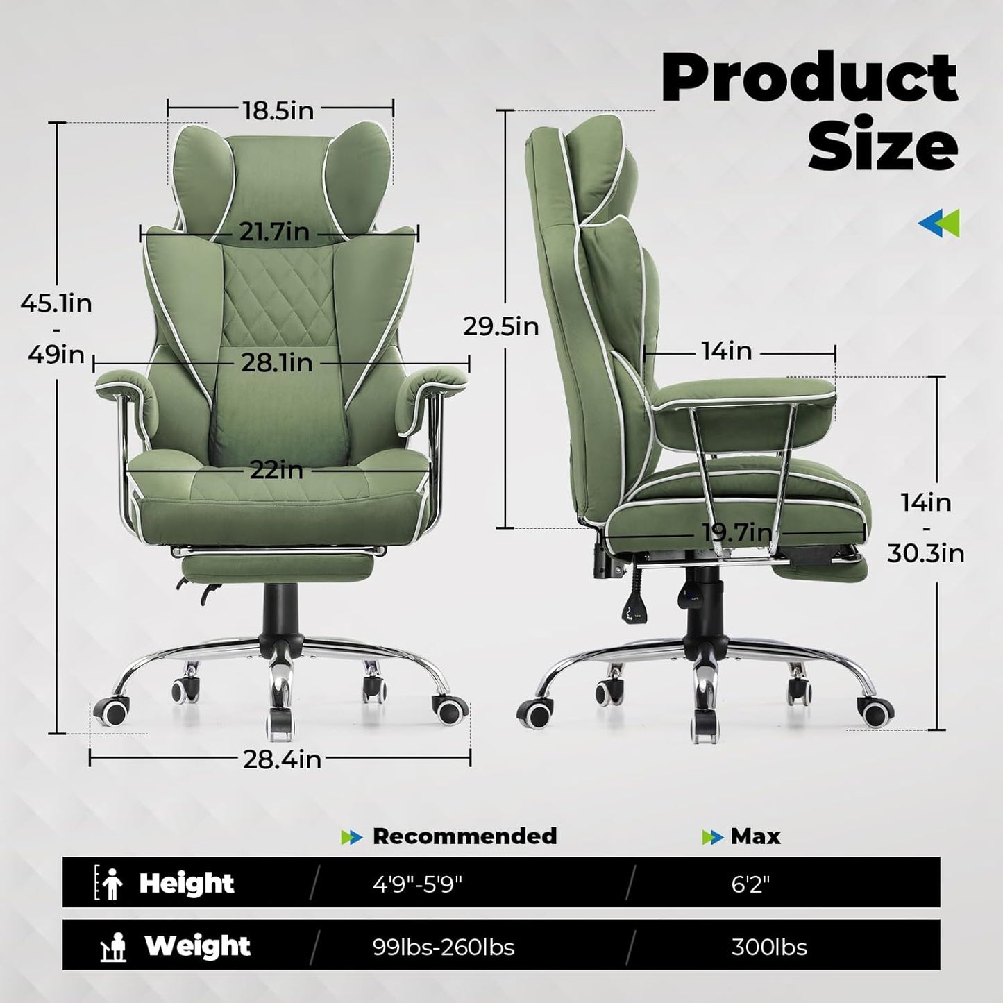 Big and Tall Office Chair, High Back Leather Gaming Chair with Footrest, Executive Ergonomic Office Chair with Pocket Spring Lumbar Support and with Outward Fixed Soft Armrests