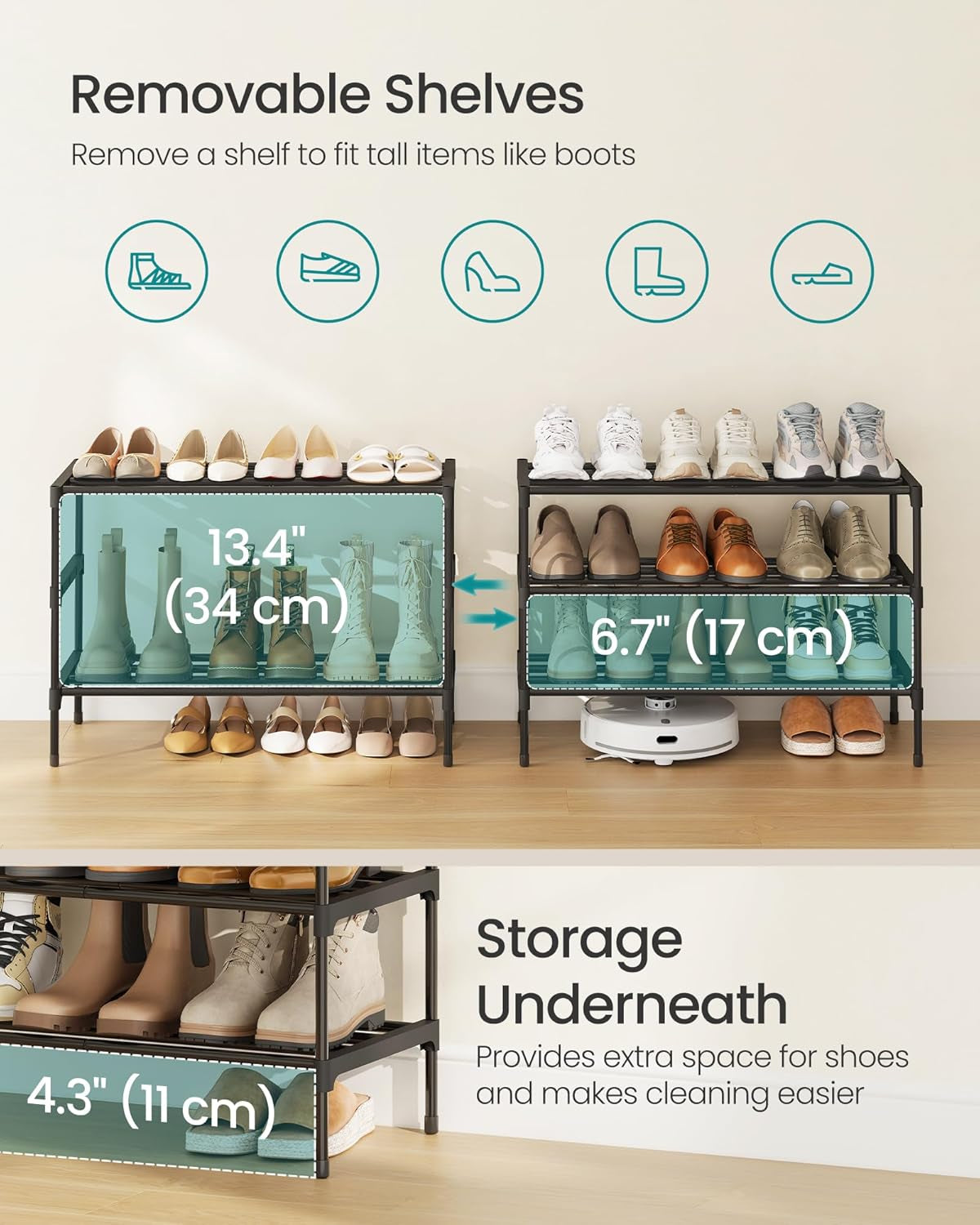 3-Tier Shoe Rack for Closet, Compact Metal Shoe Organizer Shelf for Entryway, Bedroom, Small Spaces, Stackable, 11.8 X 24.5 X 19.1 Inches, Black ULSA123BH01