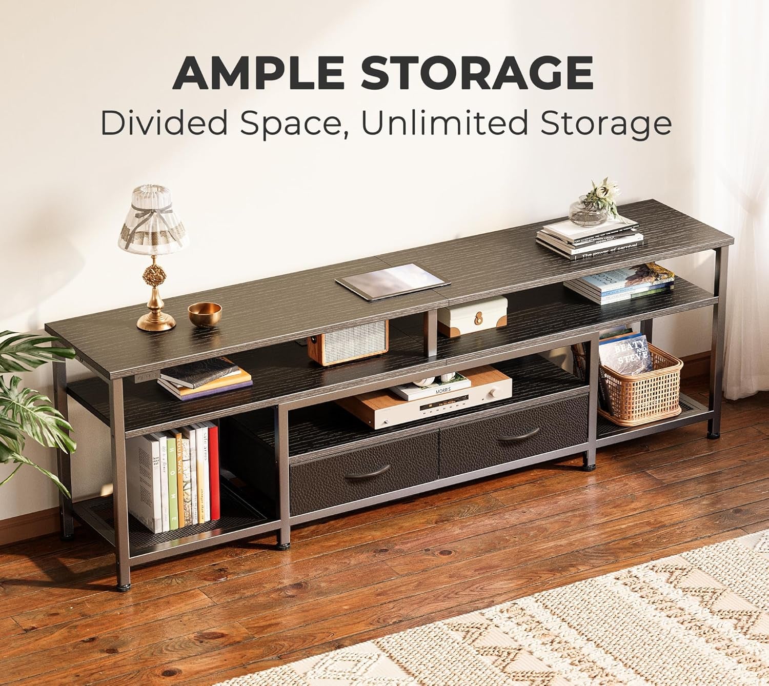 TV Stand for 65 70 Inch TV, Entertainment Center with Power Outlets and LED Lights, TV Console for Living Room, Media Console with Drawers and Shelves, Black