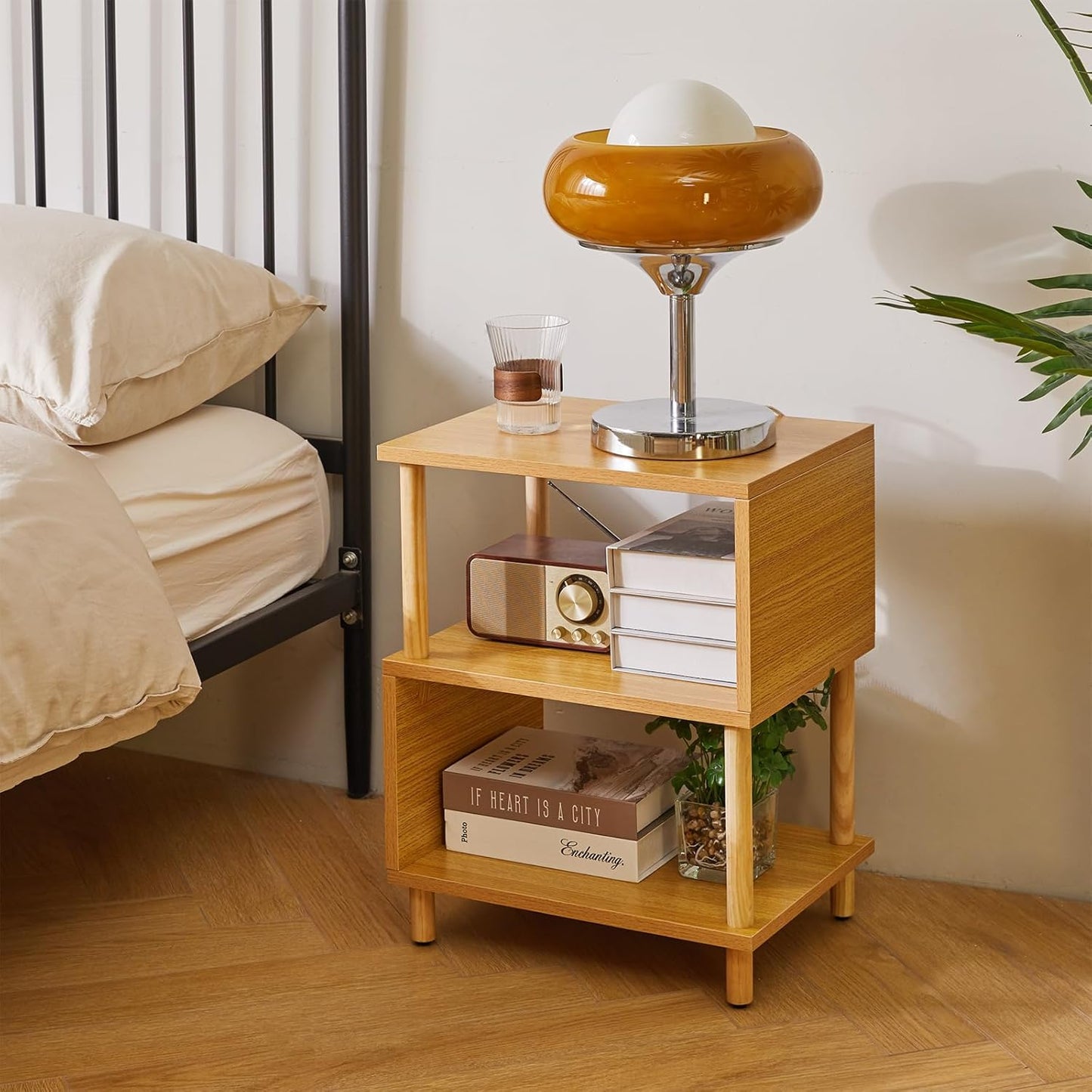 Wooden Night Stand with Open Shelf, Nightstand with Solid Wood Legs, S-Shaped Bed Side Table 3 Tier, End Table Natural Wood YD-TM152N