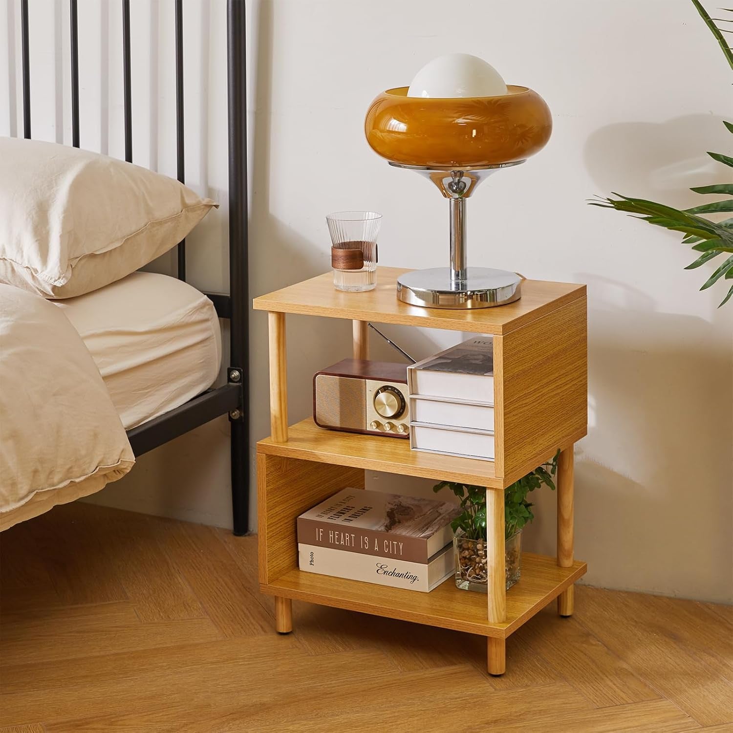 Wooden Night Stand with Open Shelf, Nightstand with Solid Wood Legs, S-Shaped Bed Side Table 3 Tier, End Table Natural Wood YD-TM152N