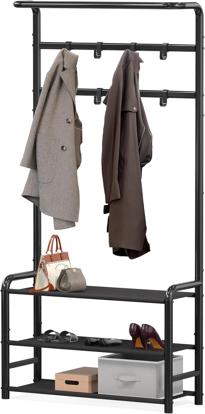 Coat Rack with Storage Shelf, Freestanding Hall Tree with Hooks for Entryway, Bedroom, Office, Black Metal Clothes Hanger Stand for Coats, Hats, Jackets, Bags - Black