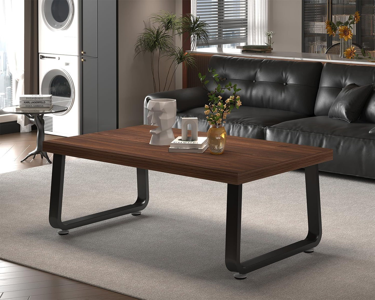 Rustic Walnut Coffee Table, 39” Mid Century Modern Center Table, Rectangle Industrial Living Room Coffee Table, Simple Farmhouse Wood and Metal Tea Coffee Tables for Home Bedroom, Walnut, 39 In