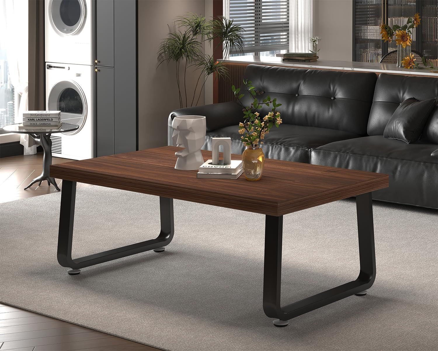 Rustic Walnut Coffee Table, 39” Mid Century Modern Center Table, Rectangle Industrial Living Room Coffee Table, Simple Farmhouse Wood and Metal Tea Coffee Tables for Home Bedroom, Walnut, 39 In