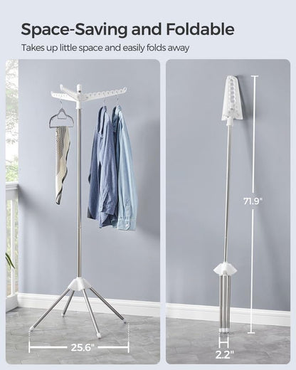Clothes Drying Rack, 59-Inch Folding Laundry Drying Rack with 3 Rotatable Arms for Hangers, 4 Legs, Stainless Steel, for 27 Pieces of Clothes, White and Silver ULLR510W01