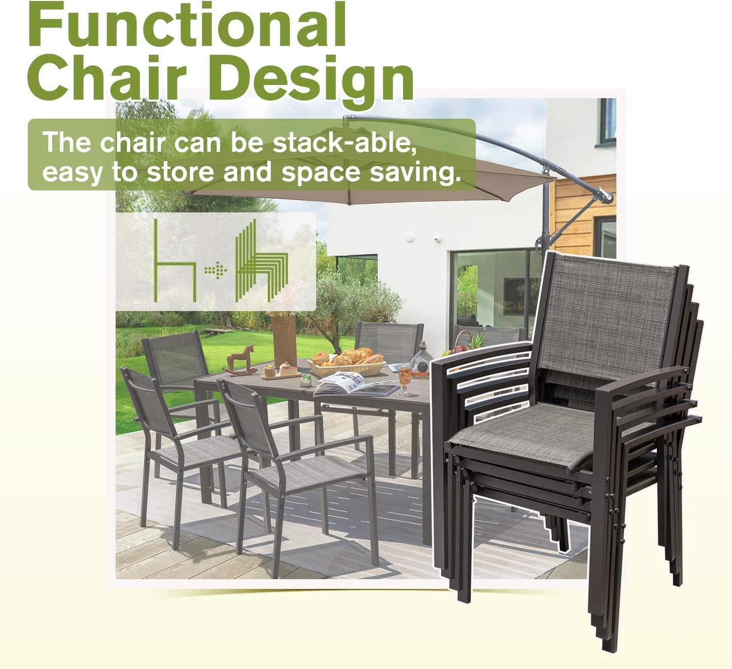 Patio Dining Set 7 Pieces Outdoor Furniture with Large Table and 6 Textilene Chairs for Porch, Poolside, Yard and Garden, Light Grey