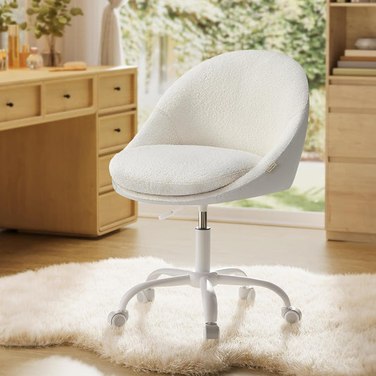 Vanity Chair with Back, Adjustable Swivel Cute Desk Chair with Wheels, Sherpa and PU Leather for Lumbar Support, Compact for Small Spaces, Bedroom, Cappuccino Beige and Cloud White UOBG020W91